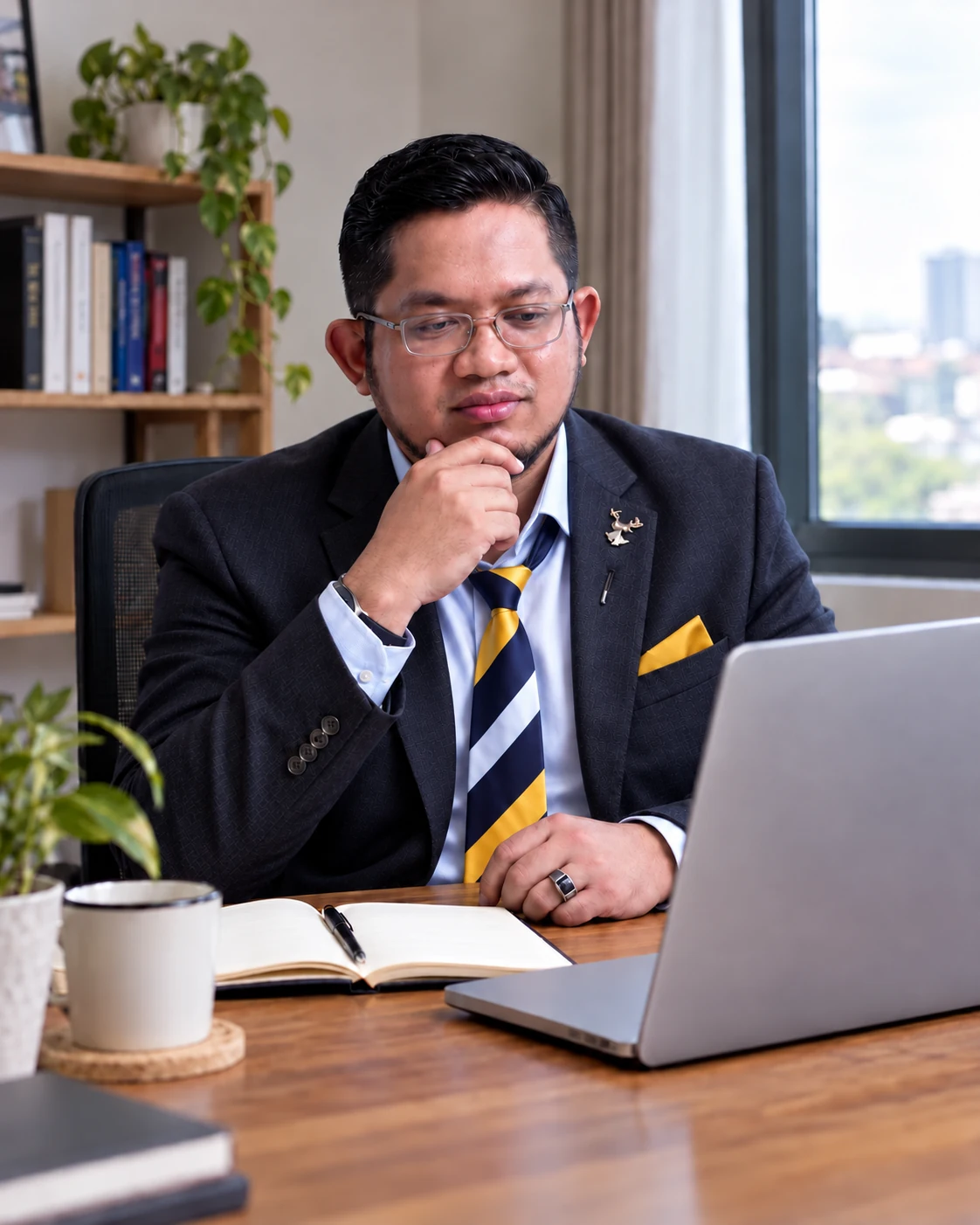 Wafi Azian berwajah fokus memandang laptop dengan tali leher sedikit longgar; penutup belakang laptop polos menghadap kamera
